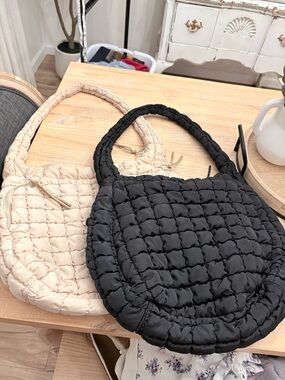 Quilted Puffer Shoulder Bag - Black and Cream